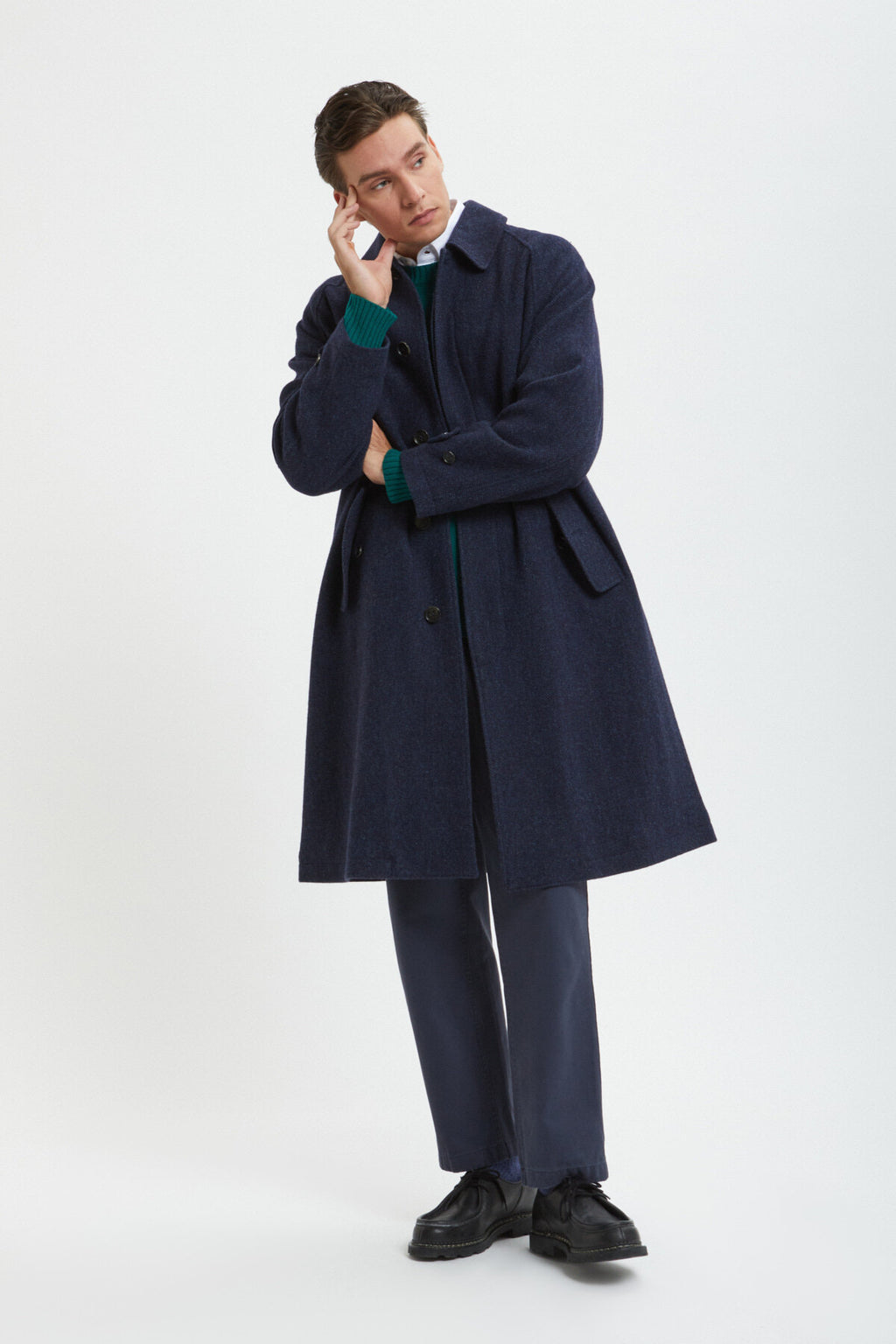 Pattern Wool Raglan Coat Herringbone Navy | Baracuta
